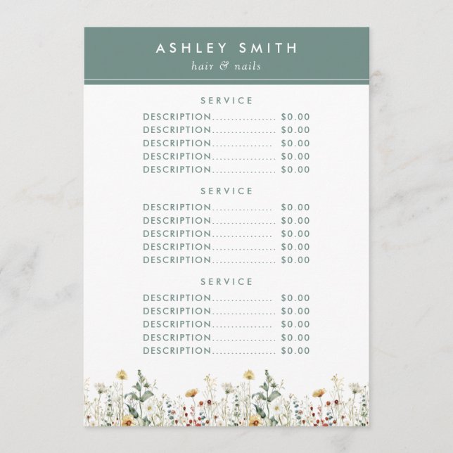 Summer Wildflower Field Price Menu (Front)