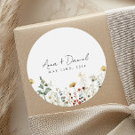 Summer Wildflower Field Wedding Classic Round Sticker<br><div class="desc">This design features a watercolor border of wildflowers in shades of gold,  red,  blue,  and green. Perfect for spring and summer weddings.</div>