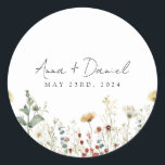 Summer Wildflower Field Wedding Classic Round Sticker<br><div class="desc">This design features a watercolor border of wildflowers in shades of gold,  red,  blue,  and green. Perfect for spring and summer weddings.</div>