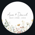 Summer Wildflower Field Wedding Classic Round Sticker<br><div class="desc">This design features a watercolor border of wildflowers in shades of gold,  red,  blue,  and green. Perfect for spring and summer weddings.</div>