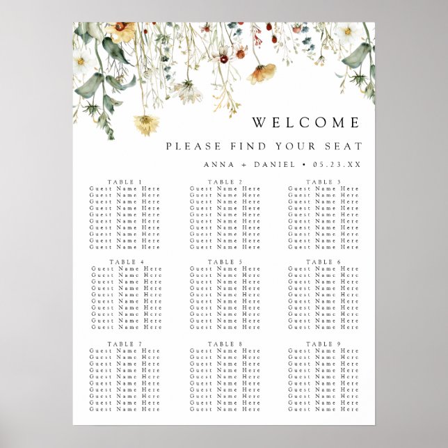 Summer Wildflower Field Wedding Seating Chart (Front)