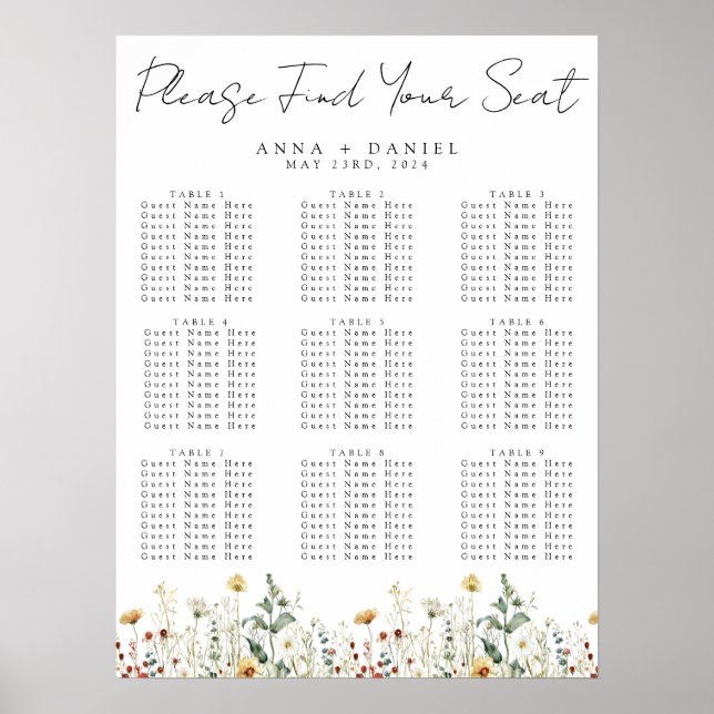 Summer Wildflower Field Wedding Seating Chart (Front)