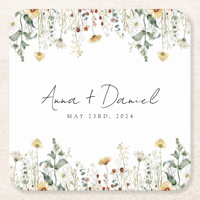 Summer Wildflower Field Wedding Square Paper Coaster (Front)