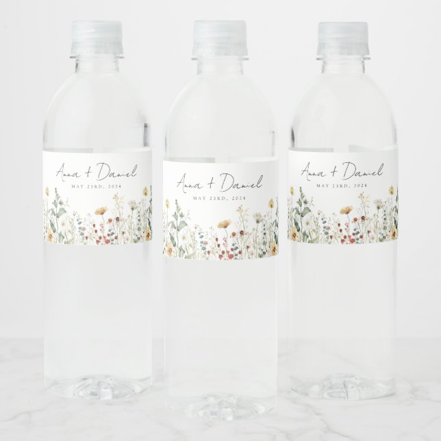 Summer Wildflower Field Wedding Water Bottle Label (Bottles)