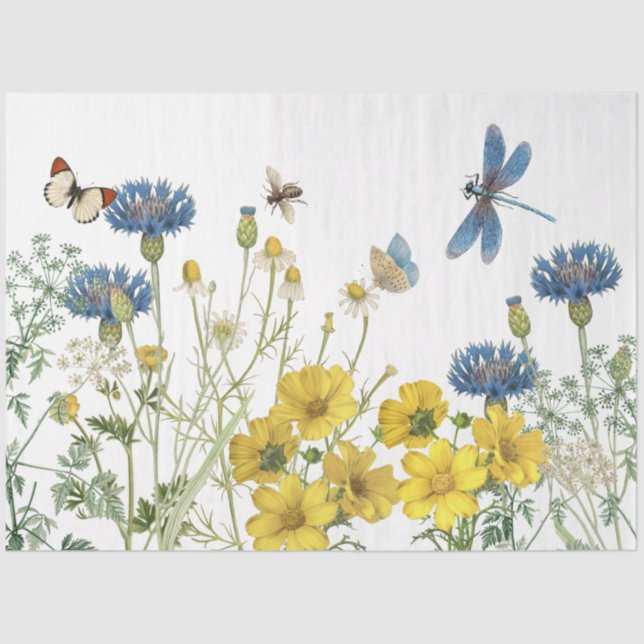 Summer Wildflower Floral Dragonfly Bee Blue Craft  Tissue Paper (Front)