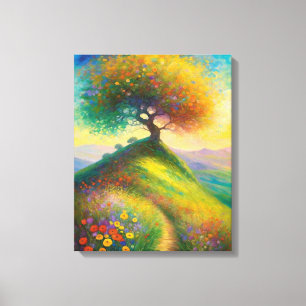 Summer Wildflower Hill Tree Painting Canvas Print