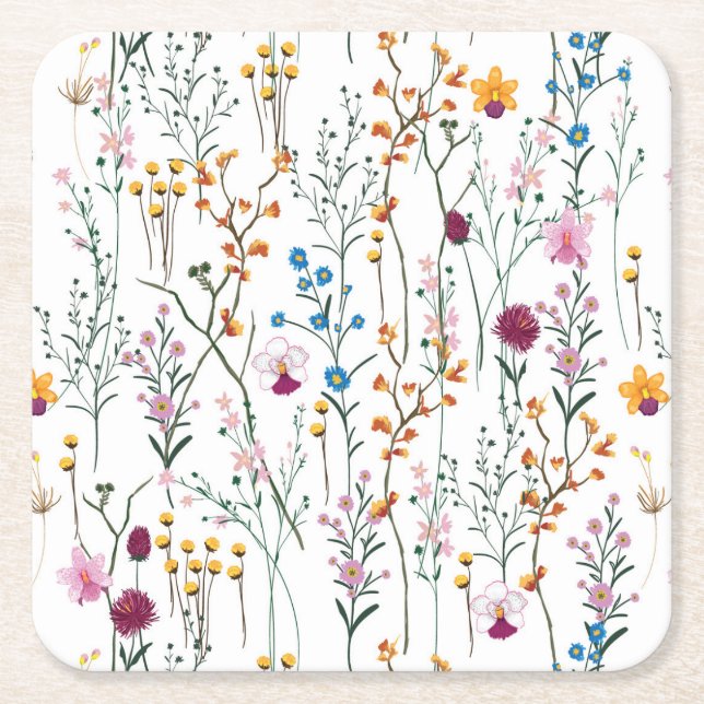 Summer Wildflower Pattern Square Paper Coaster (Front)