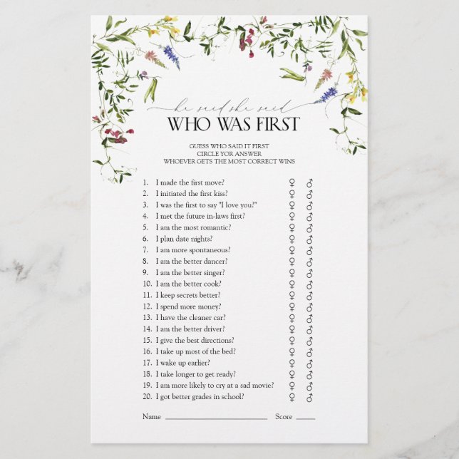 Summer Wildflower Watercolor Bridal Shower Game (Front)