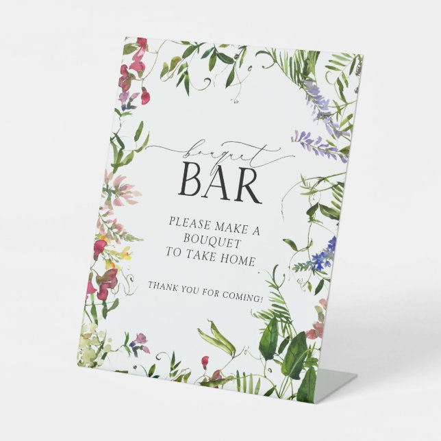 Summer Wildflower Watercolor Shower Bouquet Bar Pedestal Sign (Front)