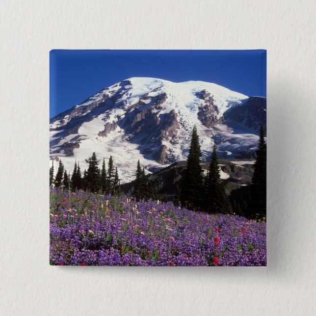 summer wildflowers at the base of Mount Rainier, 2 15 Cm Square Badge (Front)