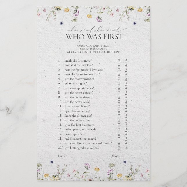 Summer Wildflowers He Said She Said Shower Game (Front)