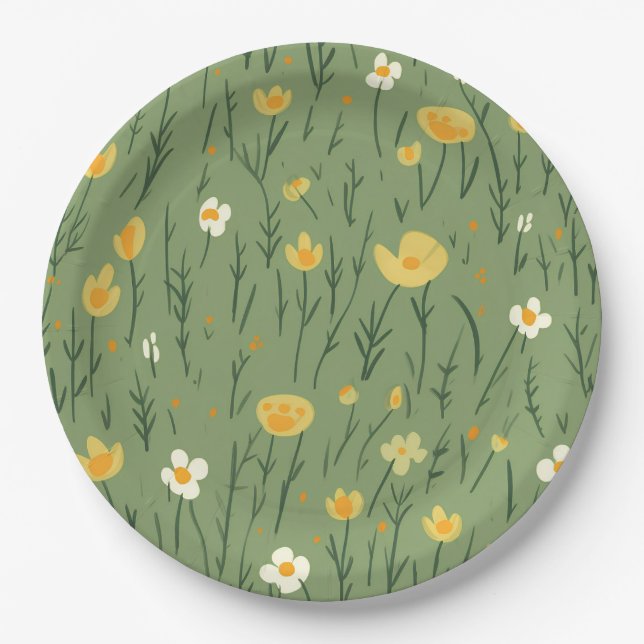 Summer Wildflowers On Green Paper Plate (Front)