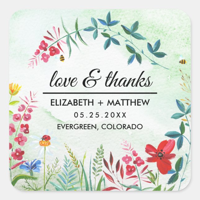 Summer Wildflowers Thak You Wedding Square Sticker (Front)