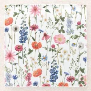Summer wildflowers, watercolor seamless pattern. glass coaster