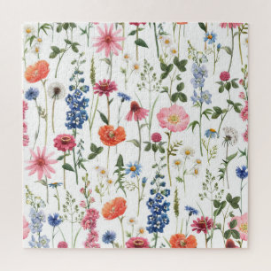Summer wildflowers, watercolor seamless pattern. jigsaw puzzle