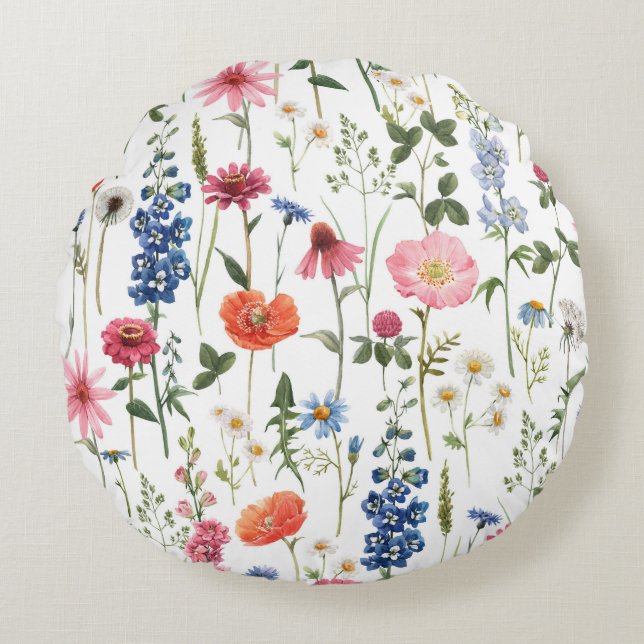 Summer wildflowers, watercolor seamless pattern. round cushion (Front)