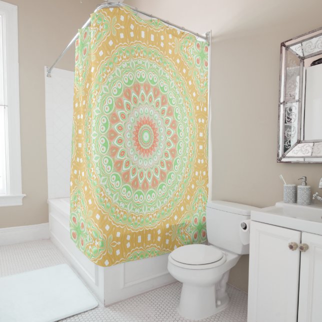 Summer Yellow and Green Mandala Pattern Design Shower Curtain (In Situ)