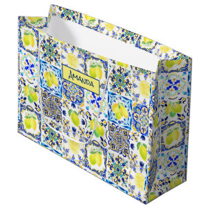 Summer Yellow Blue Sicilian Citrus Majolica Large Gift Bag