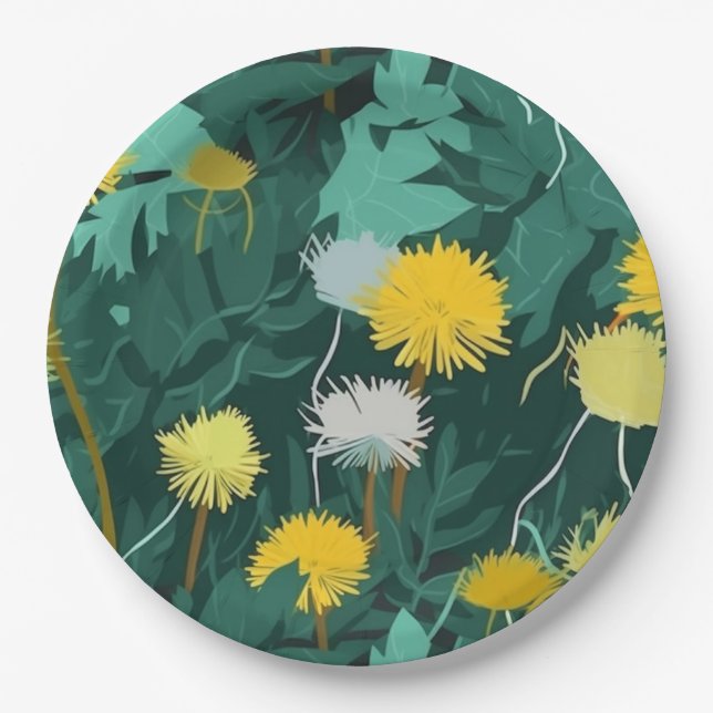 Summer Yellow Dandelions Paper Plate (Front)