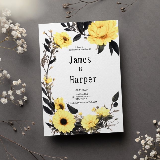 Summer yellow dark grey daisy floral Wedding Invitation (Summer yellow dark gray daisy floral Wedding )