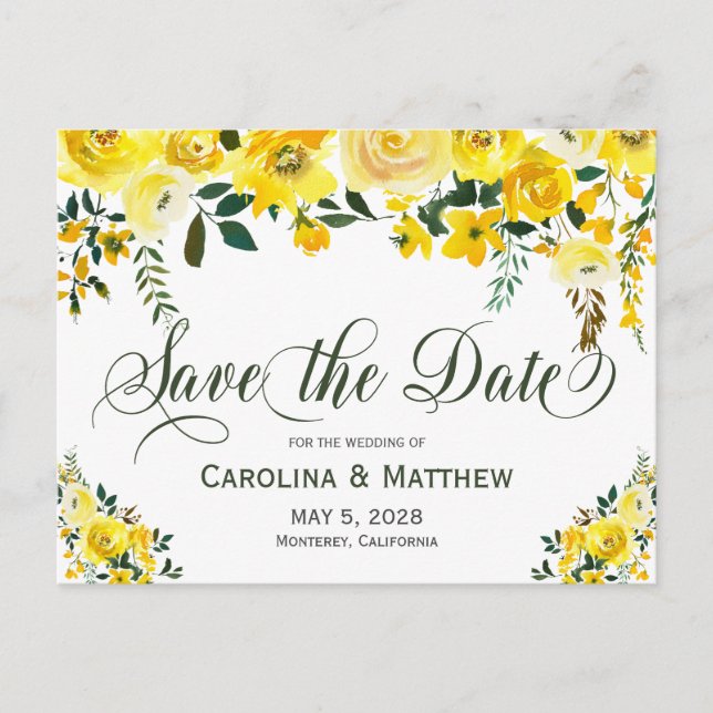 Summer yellow floral wedding save the date announcement postcard (Front)