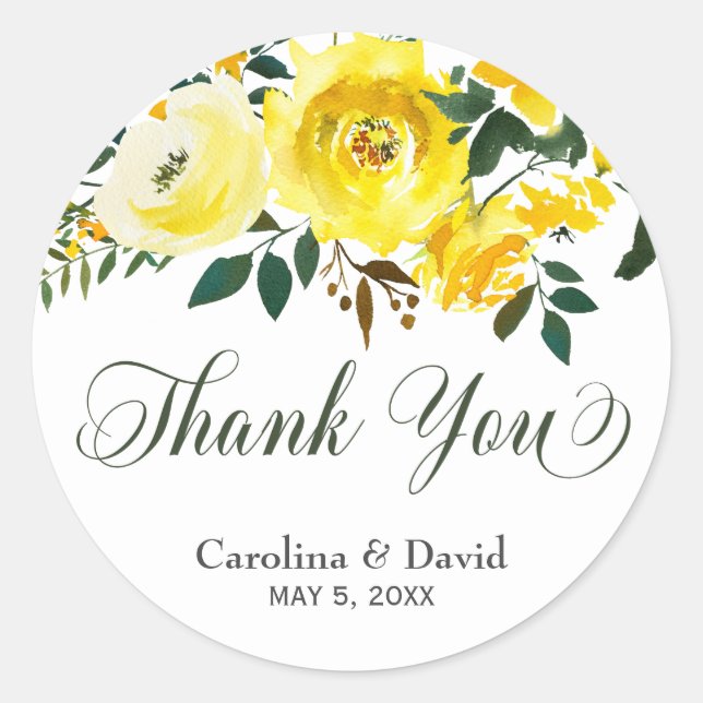 Summer yellow floral wedding Thank You sticker (Front)