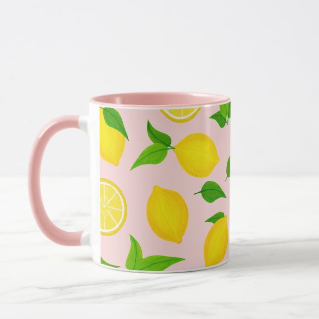 Summer Yellow Lemons Green Leaves on Soft Pink Mug (Left)