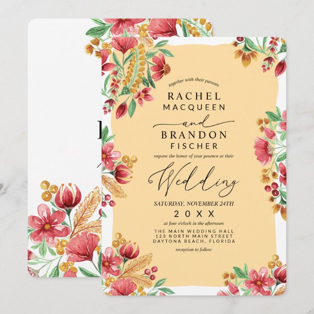 Summer Yellow Pink Red Floral Watercolor Wedding Invitation (Front/Back)