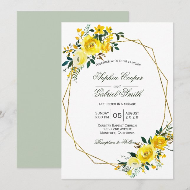 Summer yellow rose floral gold frame wedding invitation (Front/Back)