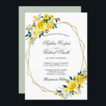 Summer yellow rose floral gold frame wedding invitation<br><div class="desc">Elegant, yellow rose floral script gold frame wedding invitation. This modern, botanical, watercolor design with beautiful watercolor yellow rose garden flower arrangement and green leaves. Feature a gold polygonal frame and an elegant handwritten typography design the bride and groom's name. At the back of the card soft green colour block....</div>