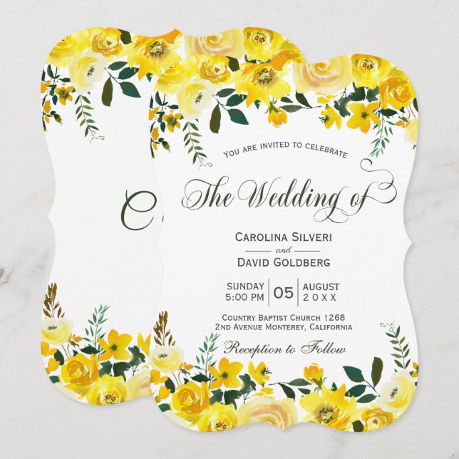 Summer yellow rose floral hand lettered wedding invitation (Front/Back)