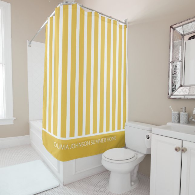 Summer Yellow Striped Customisable Name  Shower Curtain (In Situ)