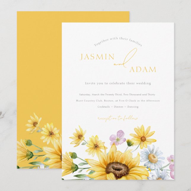 Summer Yellow Sunflower Initials Floral Wedding Invitation (Front/Back)