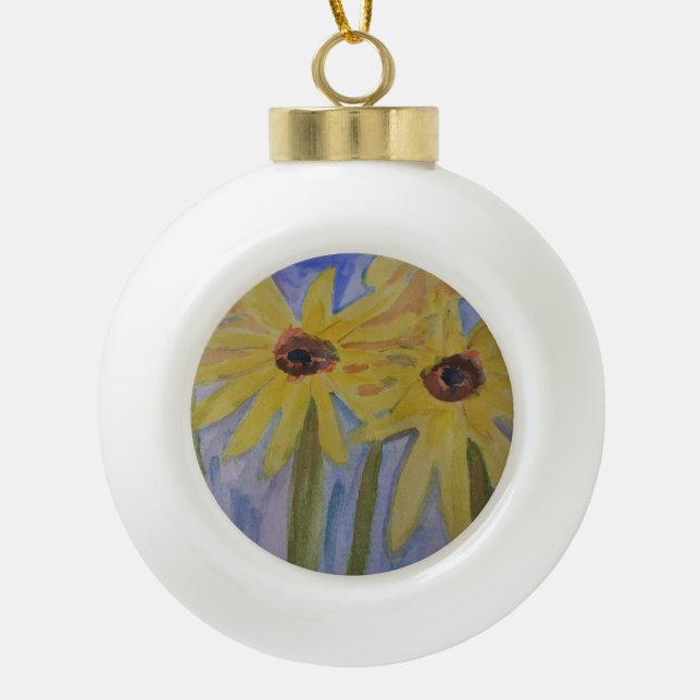 Summer Yellow Sunflowers Ceramic Ball Christmas Ornament (Front)