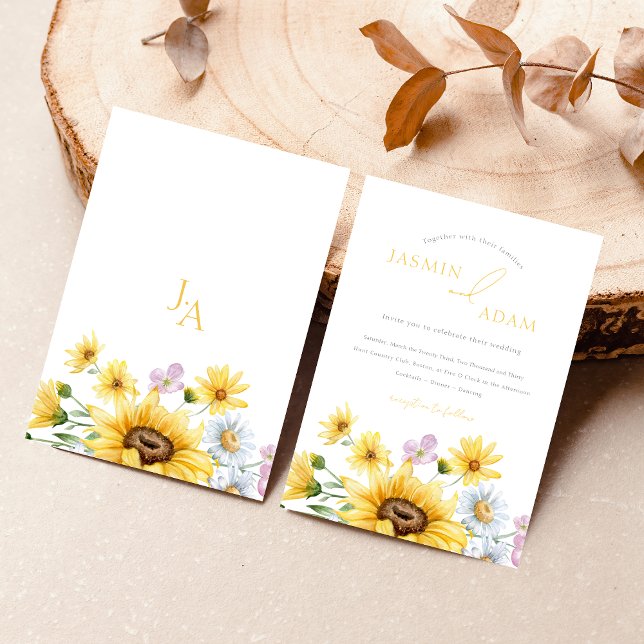 Summer Yellow Sunflowers Monogram Floral Wedding Invitation (Summer Yellow Sunflowers Monogram Floral Wedding Invitation)