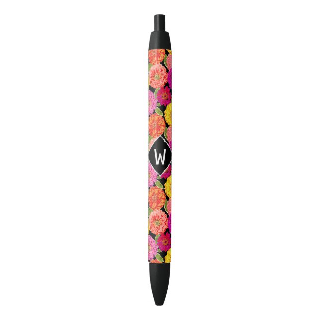 Summer Zinnias Monogram Black Ink Pen (Front Vertical)