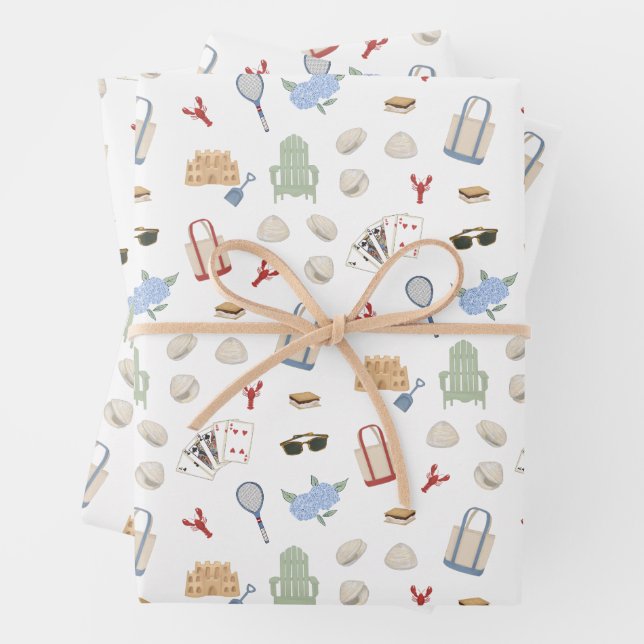 Summers In New England Coastal Family Vacation Wrapping Paper Sheet (In situ)