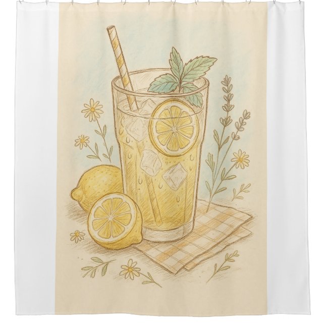 Summer's Sweetest Sip Pastel Lemonade Illustration Shower Curtain (Front)