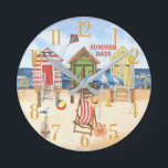 Summertime at the Shore Beach Water   Round Clock<br><div class="desc">Enjoy this fun and colorful beach cabin scene -- relax and be there whenever you wish. Just add your monogram to the beach bag or delete and you can decide to change "summer days" to your own personal theme. Any design questions, just send an email to charmdesignstudio@rcn.com and we'll be...</div>