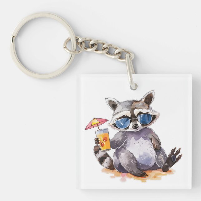 Summertime beach racoon watercolor key ring (Front)