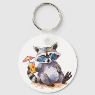 Summertime beach racoon watercolor key ring