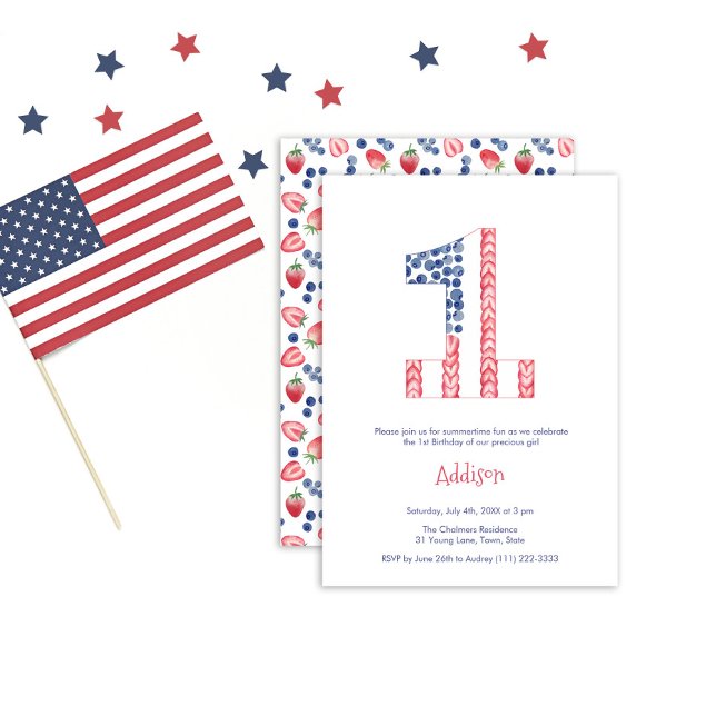Summertime Fruit Red White Blue 1st Birthday Party Invitation (Creator Uploaded)