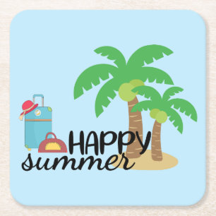 Summertime Happy Summer at the Beach Square Paper Coaster