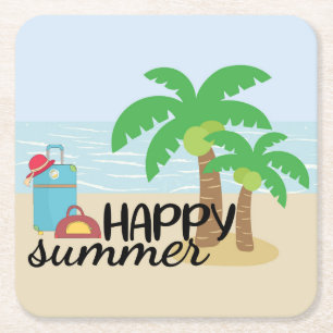 Summertime Happy Summer at the Beach Square Paper Coaster