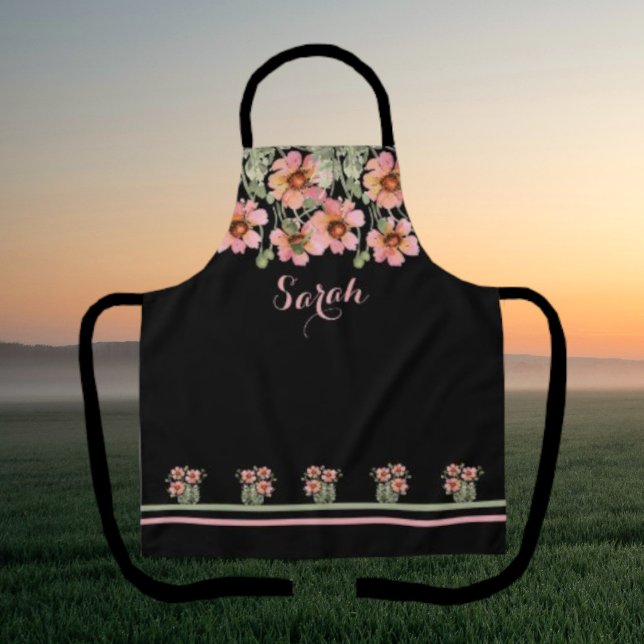 Summertime Personalised Name Black Floral Apron (Creator Uploaded)