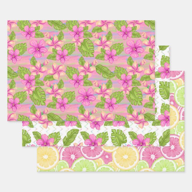Summertime Pink Tropical Flowers Lemons Limes  Wrapping Paper Sheet (Set)