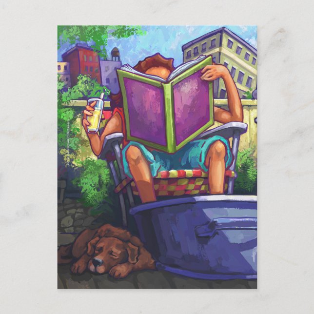 Summertime Reading, Girl and Dog Postcard (Front)