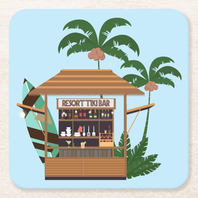 Summertime Resort Tiki Bar at the Beach Square Paper Coaster (Front)