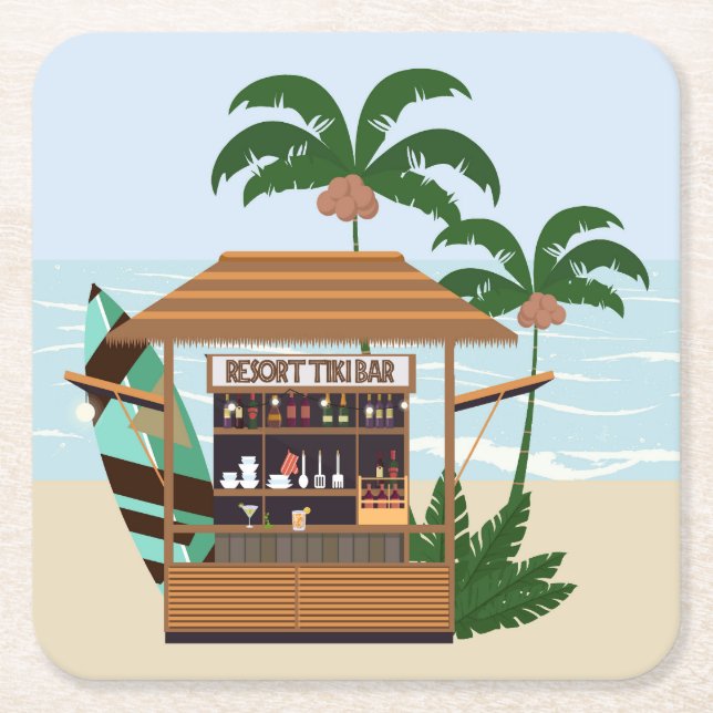 Summertime Resort Tiki Bar at the Beach Square Paper Coaster (Front)