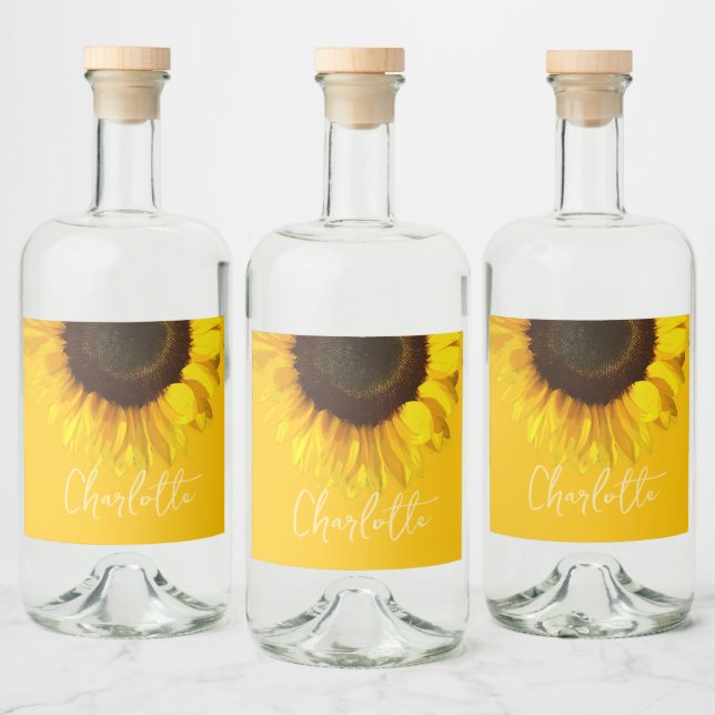 Summertime Yellow Sunflower Customisable Name     Liquor Bottle Label (Bottles)